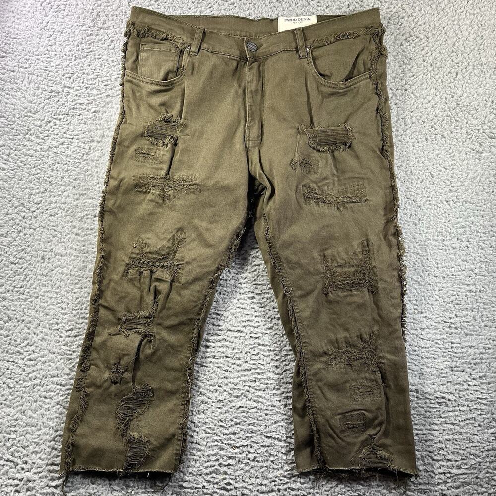 FWRD Denim New York Fit 2 Stacked Distressed Olive Green Jeans Mens 38x22